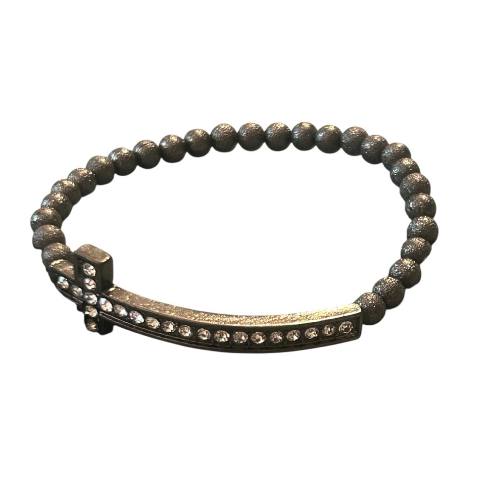 Beaded Stretch Bracelet Gunmetal Gray Cross Rhinestone Accent Fashion Jewelry‎